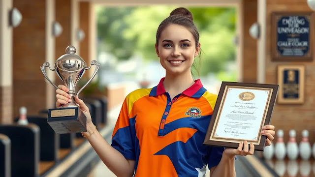 Lauren Marks in Caldwell University bowling uniform holding her NTCA All-America award beside her colored pencil artwork, symbolizing her dual excellence in sports and art.