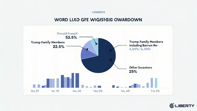 Infographic showing the percentage ownership of World Liberty Financial: Donald Trump (52.5%), unnamed family members (22.5%), and other investors (25%).