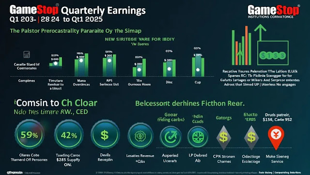 Infographic comparing GameStop’s revenue and EPS vs. analyst expectations, highlighting trends and market reactions over recent quarters