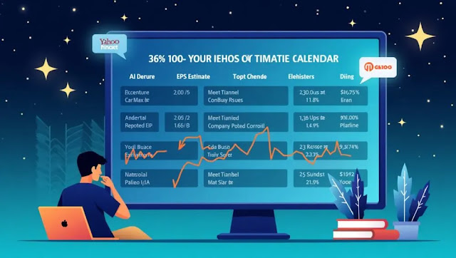 Illustration showing how Yahoo Finance’s Earnings Calendar helps investors track earnings announcements with EPS estimates, surprise percentages, and call timings.