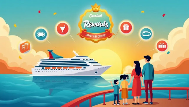 Illustration of a Carnival Cruise ship sailing at sunset with a glowing "Carnival Rewards" badge overlay, representing loyalty perks, point systems, and family travel benefits.
