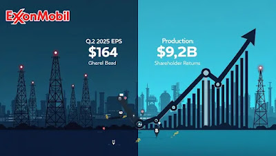 Exxon Mobil headquarters building with rising stock