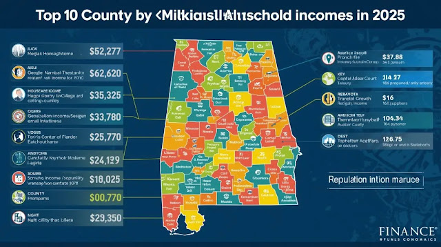 Top 10 Alabama Counties by 2025 Incomes Map of Alabama highlighting the top 10