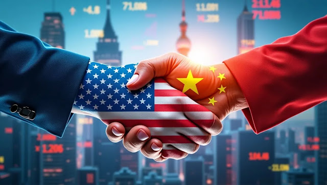 U.S. and China intertwined with a handshake