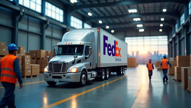 a FedEx delivery truck at a logistics hub, representing global operations and efficiency improvements under the DRIVE and Network 2.0 programs.