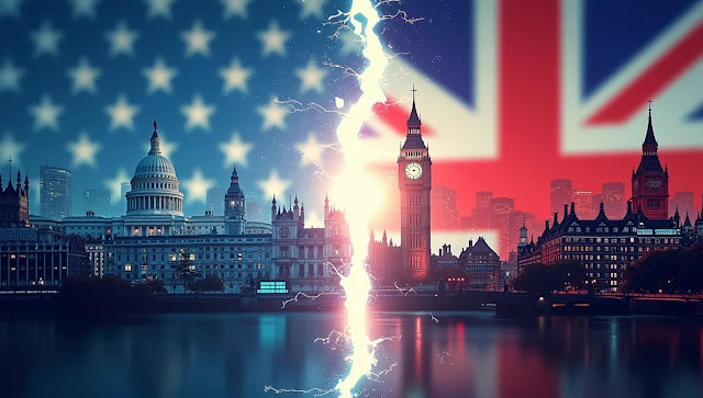 US and UK flags subtly blurred