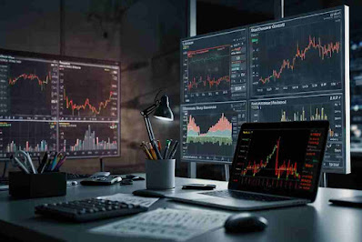 a laptop displaying stock charts,