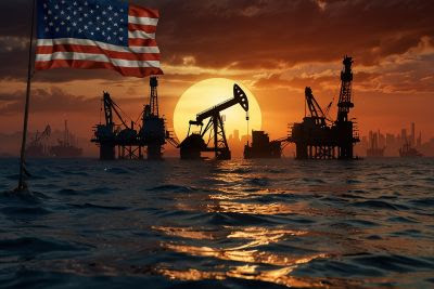 oil rigs silhouetted against