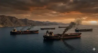 Hormuz at sunset. Several large oil tankers