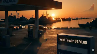 Brent Crude: $120.00'. Behind the sign