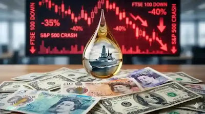 a glass oil drop falling onto a pile of British Pound notes and US Dollars.