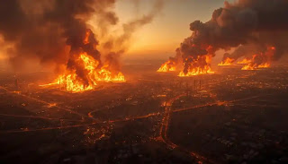 fires billowing from targeted military sectors