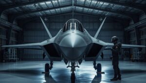 advanced j 35a fifth generation stealth fighter jet with radar absorbent coating inside a military hangar.