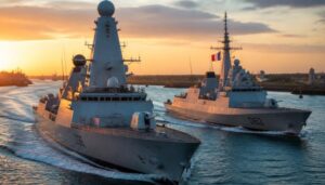 british and french warships patrolling the narrow strait of hormuz shipping lanes.