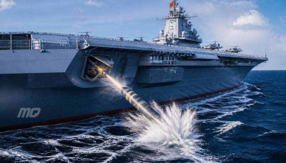 chinese supercarrier fujian launching a hard kill anti torpedo interceptor system in the deep ocean.