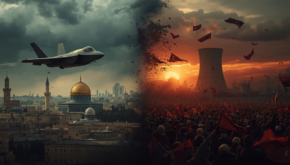 conceptual digital illustration showing an f 35 fighter jet flying over jerusalem on one side and a crowded public gathering with red flags in iran on the other, symbolizing middle east geopolitical shifts.