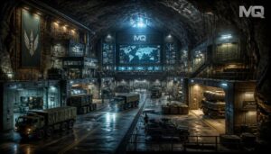 Deep underground military bunker complex inside a rocky mountain with advanced missile technology.