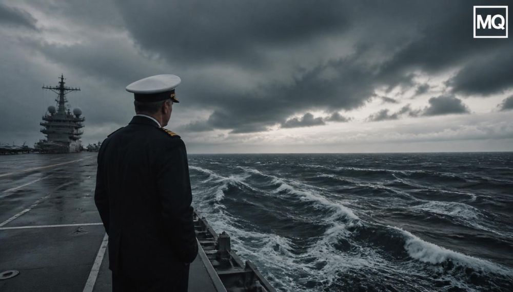 Tired American soldiers on a naval ship deck looking out at rough ocean waves symbolizing US military exhaustion.