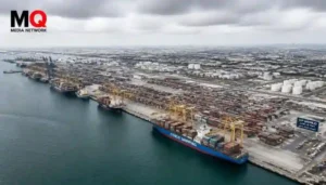 MQ news logo on the industrial port view