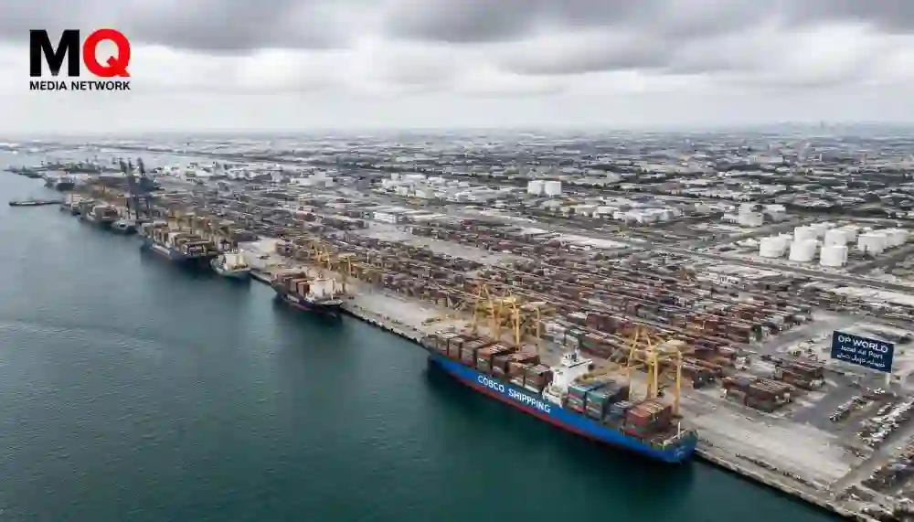 MQ news logo on the industrial port view