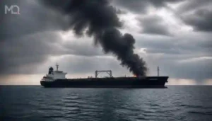 A wide shot of a commercial cargo ship navigating the calm waters of the Caspian Sea, thick black smoke rising from its deck following a long-range drone strike, dramatic sky overhead, photorealistic maritime warfare style, 8k resolution. 