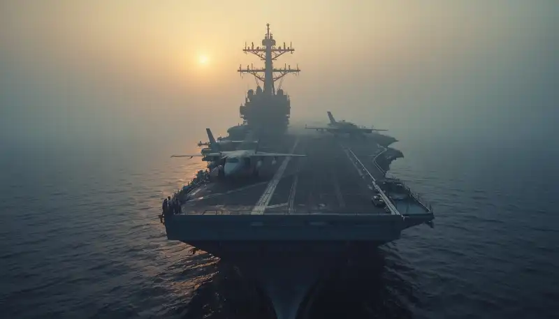 Iran war crisis: Aircraft carrier in foggy maritime strait