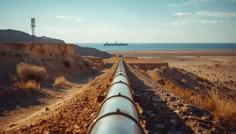 red sea standoff: Desert oil pipeline and refinery flare