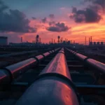 Saudi Yemen war: Industrial crude pipeline at dusk in desert