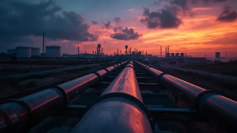 Saudi Yemen war: Industrial crude pipeline at dusk in desert