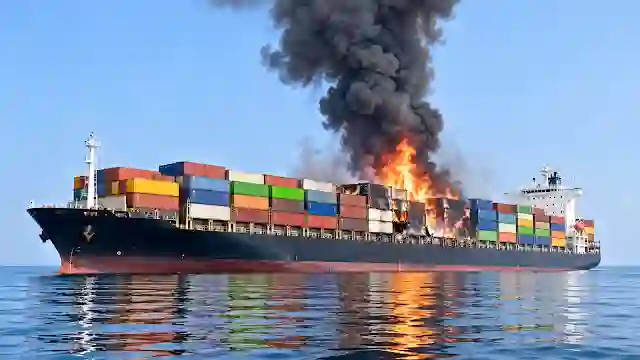 Smoke and fire erupting from a commercial ship after missile strikes in Red Sea maritime corridors