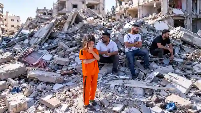 Displaced family sitting on rubble