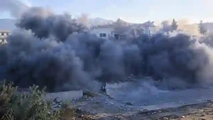 Heavy smoke rising from strike scene