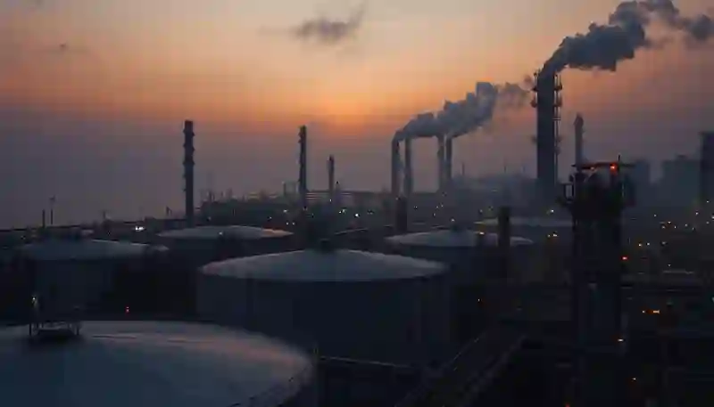 Industrial oil refinery facility with security radar and flare stack