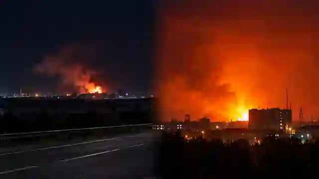 Ukraine Frontline Shifts: Massive fireballs and smoke rising over city buildings and highway at night following airstrikes