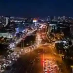 Night skyline along transit highway