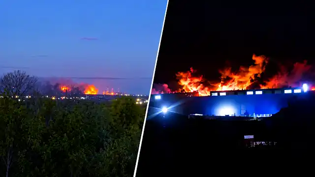 Russia-Ukraine war update showing fire and smoke rising from an industrial facility and digital infrastructure at night