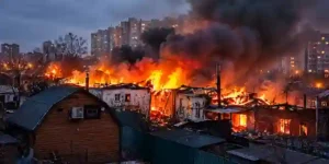 Urban buildings ablaze after strikes 