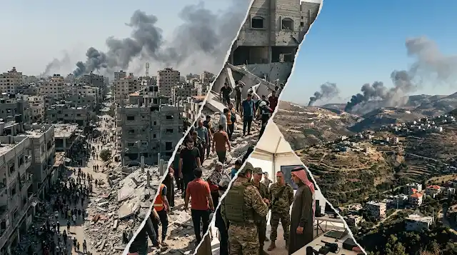 Gaza Ceasefire Civilian Toll: Aerial view of regional airstrikes and smoke rising over hilly terrain