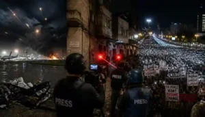 Escalating Middle East crisis showing airport runway alerts, press safety risks, and street protests.