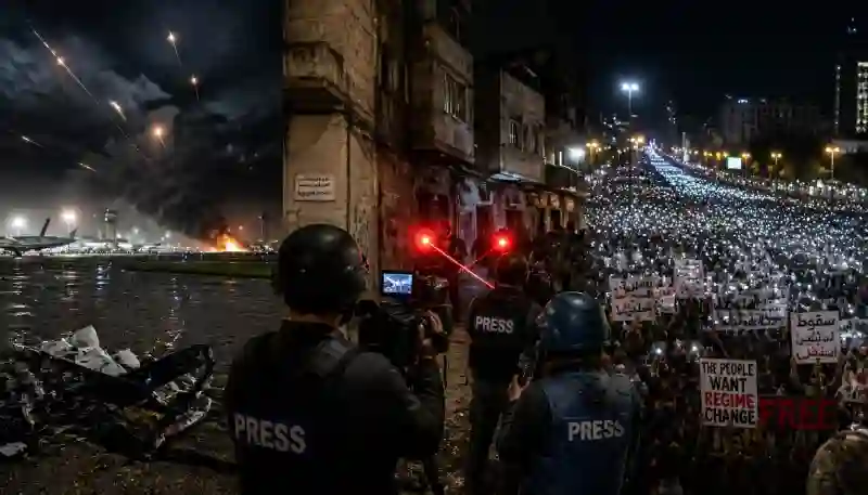 Escalating Middle East crisis showing airport runway alerts, press safety risks, and street protests.