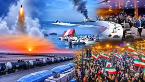Overview of Iran military operations, missile launch, Strait of Hormuz ship fire, and diplomatic summit