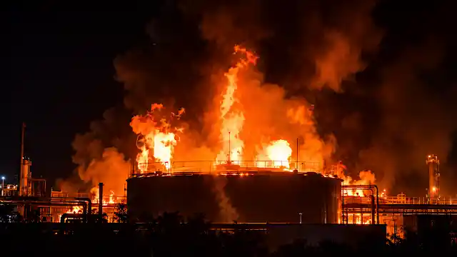 Russia Ukraine War Oil Refinery Strikes:Heavy black smoke and flames billowing from an industrial oil refinery hit by long range Ukrainian drones