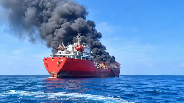 Strait of Hormuz Tanker Crisis: Oil tanker burning in the Strait of Hormuz after projectile hit