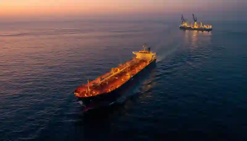 Commercial oil tanker vessel sailing through the Strait of Hormuz