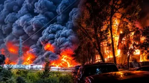 Ukrainian energy grid and power substation burning after missile attack