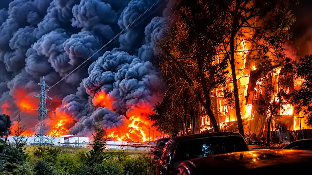 Ukrainian energy grid and power substation burning after missile attack